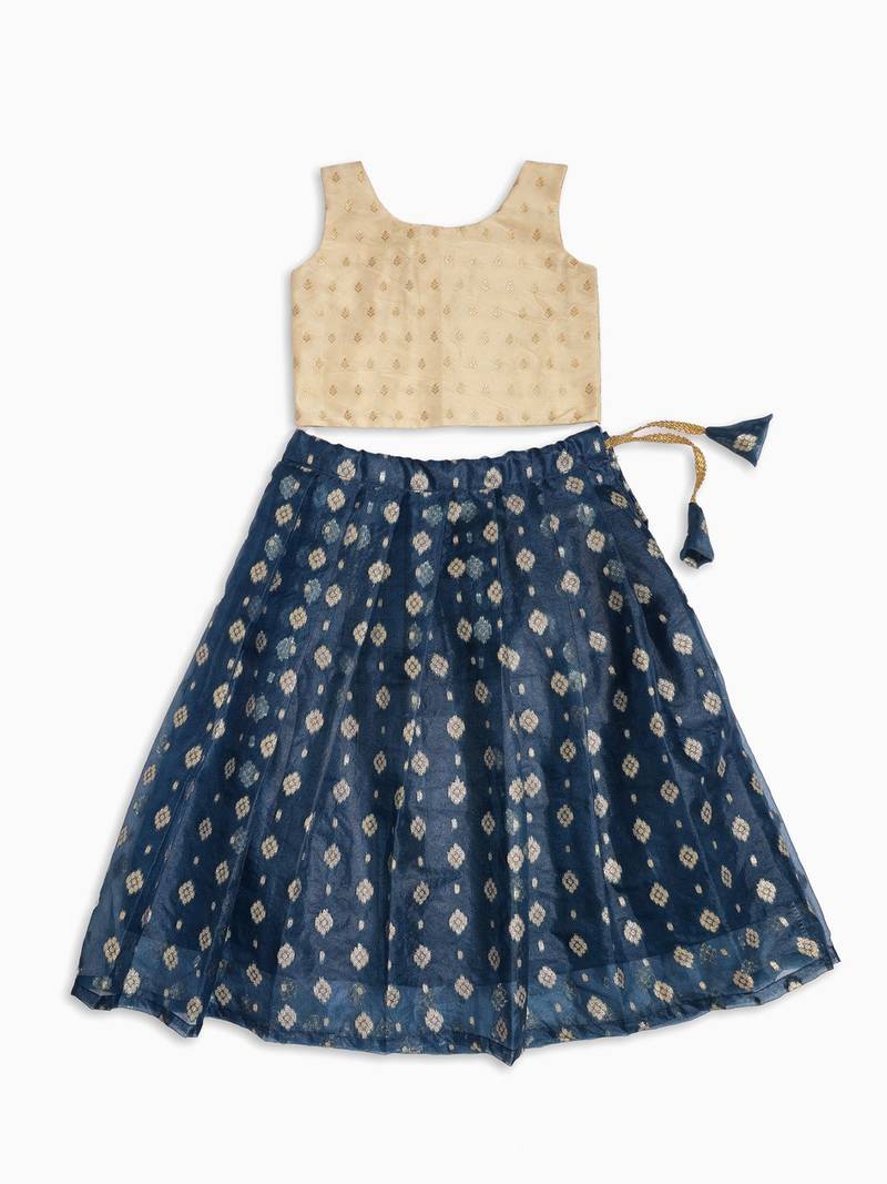 Minipattu half white blue lehenga choli for baby girls
