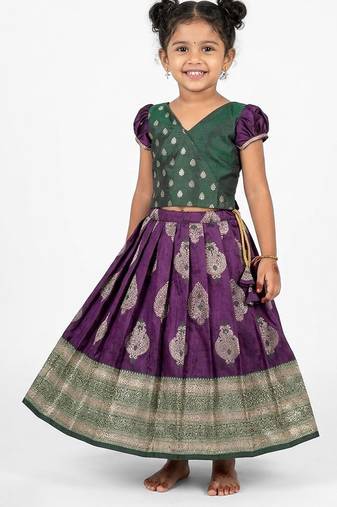 Minipattu dark green wine pattu pavadai for girls, 0-1 year