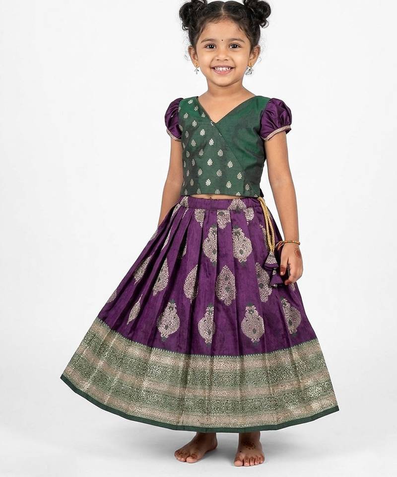 Minipattu dark green wine pattu pavadai for girls, 0-1 year