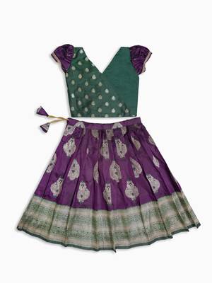 Minipattu dark green wine pattu pavadai for girls, 0-1 year 2