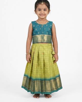 Minipattu teal green silk blend lehenga choli for girls 1