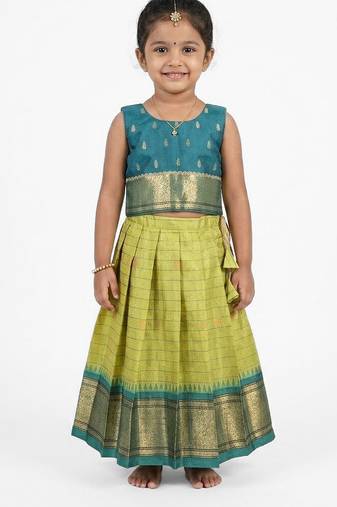Minipattu teal green silk blend lehenga choli for girls