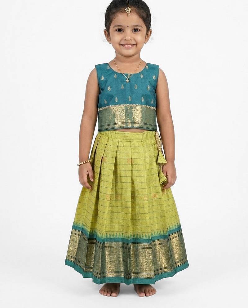 Minipattu teal green silk blend lehenga choli for girls