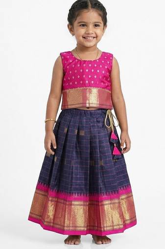 Minipattu pink & blue silk blend lehenga choli for girls, 0-1 year