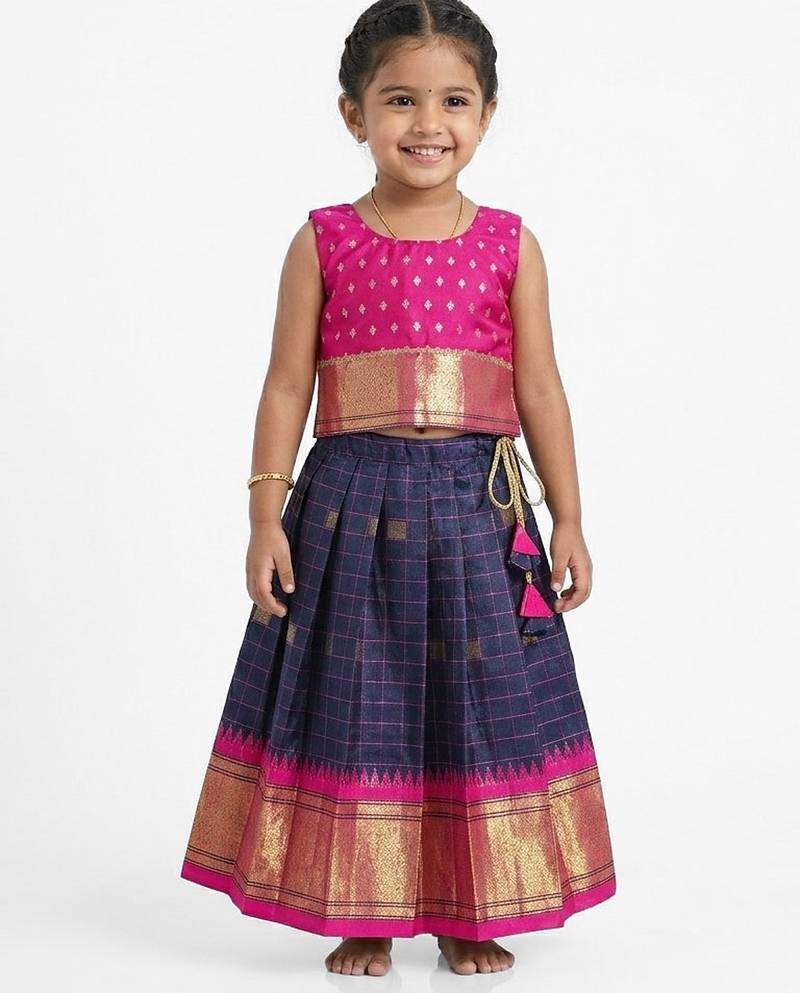 Minipattu pink & blue silk blend lehenga choli for girls, 0-1 year