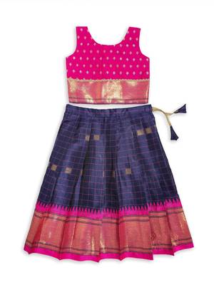 Minipattu pink & blue silk blend lehenga choli for girls, 0-1 year 2