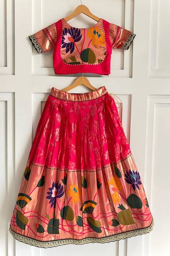 Festive ready skirt and top set for girls featuring elegant weaving panel detailing embroidered lace highlights