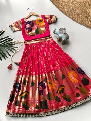 Festive ready skirt and top set for girls featuring elegant weaving panel detailing embroidered lace highlights 2