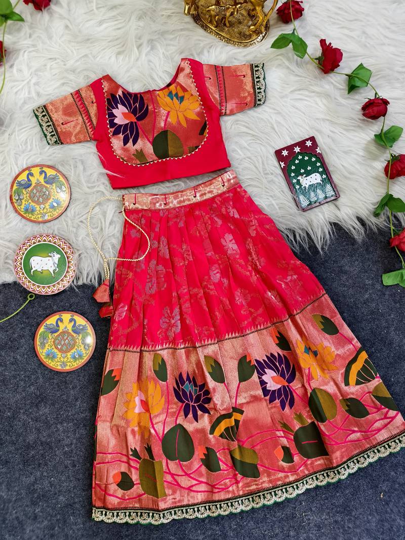 Festive ready skirt and top set for girls featuring elegant weaving panel detailing embroidered lace highlights