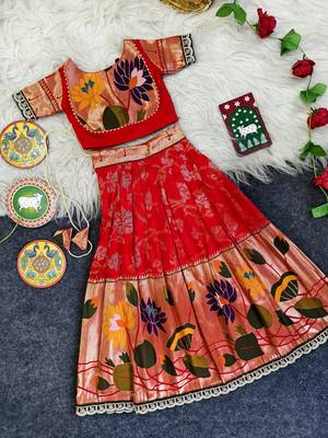 Festive ready skirt and top set for girls featuring elegant weaving panel detailing embroidered lace highlights 1