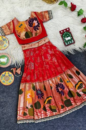 Festive ready skirt and top set for girls featuring elegant weaving panel detailing embroidered lace highlights
