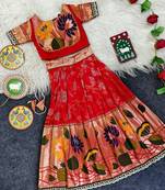 Festive ready skirt and top set for girls featuring elegant weaving panel detailing embroidered lace highlights