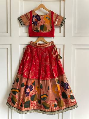 Festive ready skirt and top set for girls featuring elegant weaving panel detailing embroidered lace highlights 2