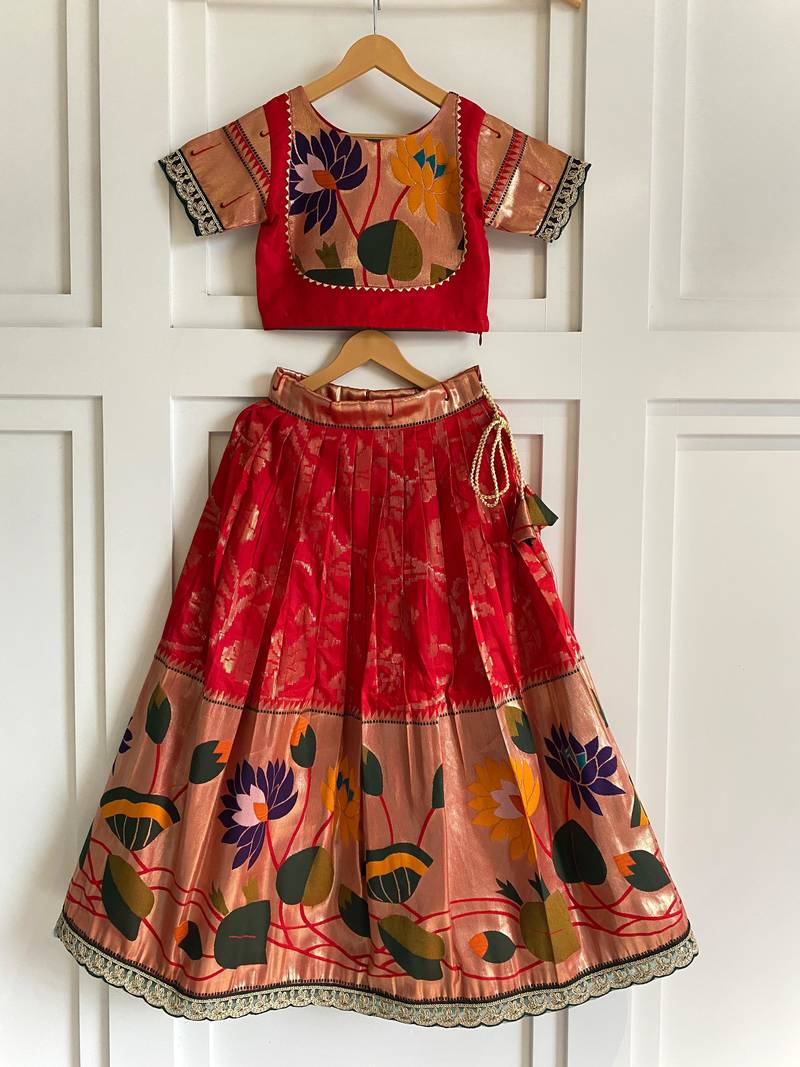 Festive ready skirt and top set for girls featuring elegant weaving panel detailing embroidered lace highlights