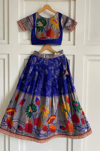 Festive ready skirt and top set for girls featuring elegant weaving panel detailing embroidered lace highlights