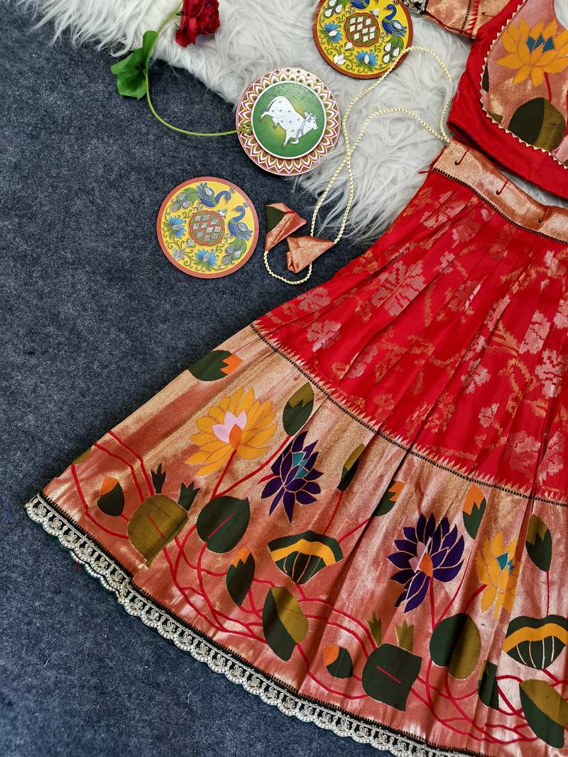 Festive ready skirt and top set for girls featuring elegant weaving panel detailing embroidered lace highlights