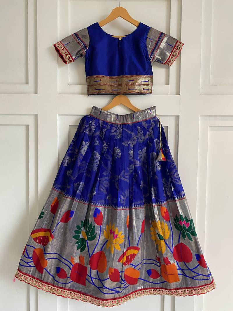 Festive ready skirt and top set for girls featuring elegant weaving panel detailing embroidered lace highlights