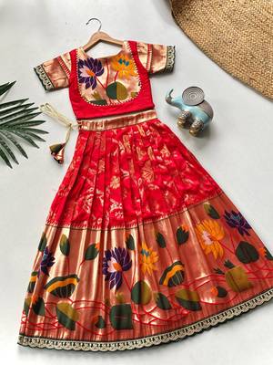 Festive ready skirt and top set for girls featuring elegant weaving panel detailing embroidered lace highlights 4