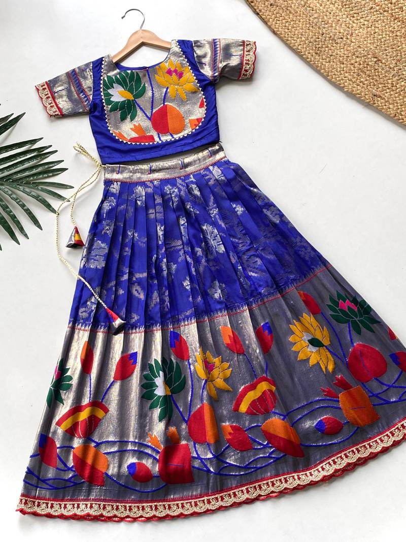 Festive ready skirt and top set for girls featuring elegant weaving panel detailing embroidered lace highlights