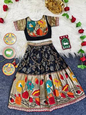 Festive ready skirt and top set for girls featuring elegant weaving panel detailing embroidered lace highlights 1