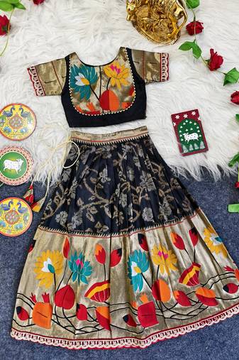 Festive ready skirt and top set for girls featuring elegant weaving panel detailing embroidered lace highlights