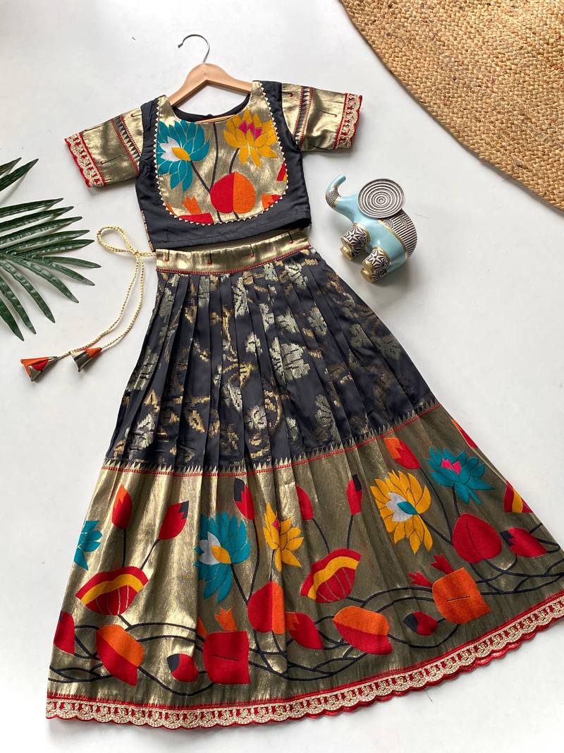 Festive ready skirt and top set for girls featuring elegant weaving panel detailing embroidered lace highlights