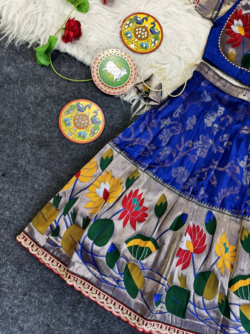 Festive ready skirt and top set for girls featuring elegant weaving panel detailing embroidered lace highlights