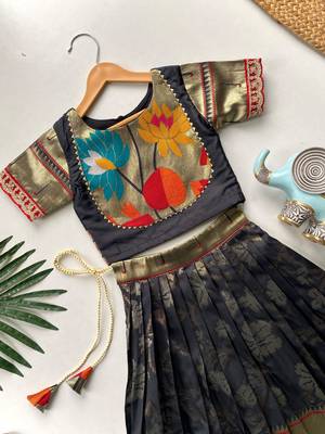 Festive ready skirt and top set for girls featuring elegant weaving panel detailing embroidered lace highlights 3