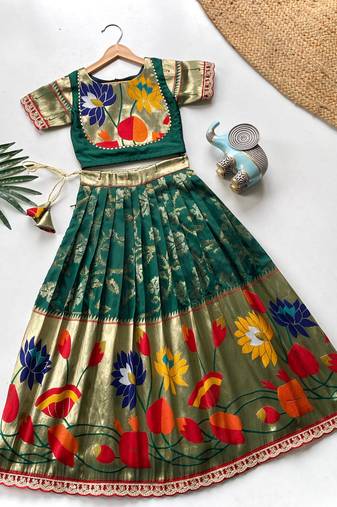 Festive ready skirt and top set for girls featuring elegant weaving panel detailing embroidered lace highlights