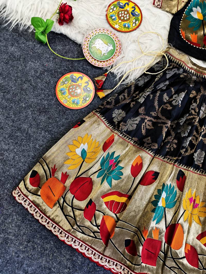 Festive ready skirt and top set for girls featuring elegant weaving panel detailing embroidered lace highlights
