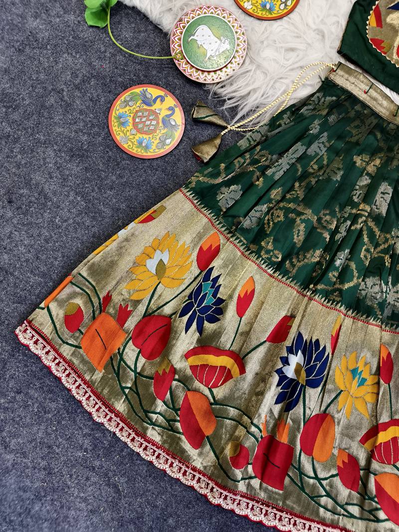 Festive ready skirt and top set for girls featuring elegant weaving panel detailing embroidered lace highlights