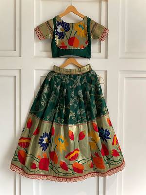 Festive ready skirt and top set for girls featuring elegant weaving panel detailing embroidered lace highlights 4