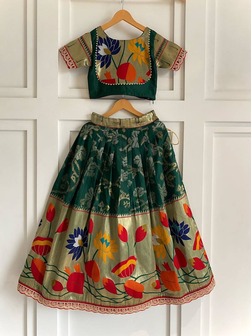 Festive ready skirt and top set for girls featuring elegant weaving panel detailing embroidered lace highlights