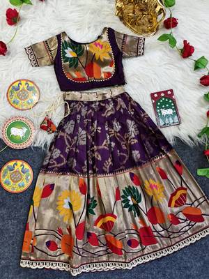 Festive ready skirt and top set for girls featuring elegant weaving panel detailing embroidered lace highlights 1