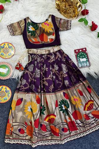 Festive ready skirt and top set for girls featuring elegant weaving panel detailing embroidered lace highlights