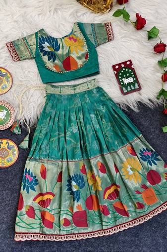 Festive ready skirt and top set for girls featuring elegant weaving panel detailing embroidered lace highlights
