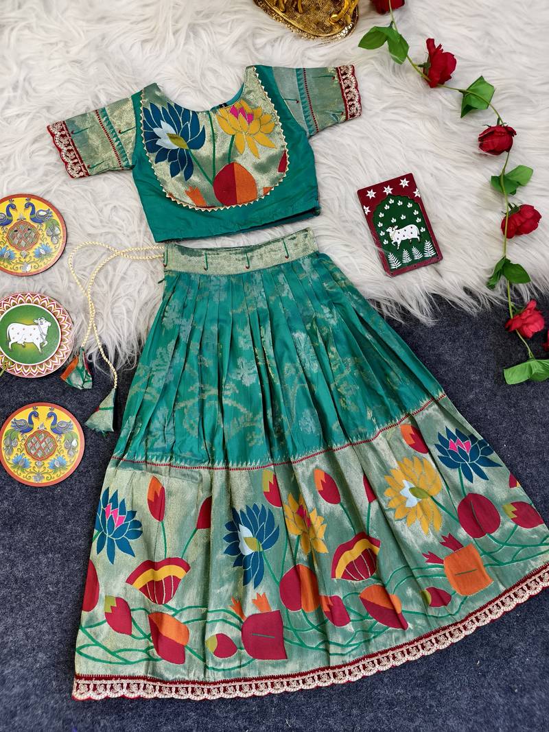 Festive ready skirt and top set for girls featuring elegant weaving panel detailing embroidered lace highlights