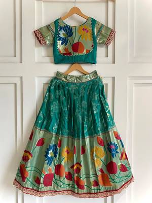 Festive ready skirt and top set for girls featuring elegant weaving panel detailing embroidered lace highlights 2