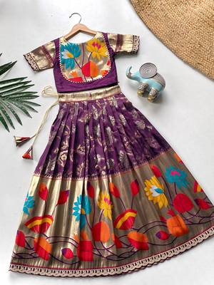 Festive ready skirt and top set for girls featuring elegant weaving panel detailing embroidered lace highlights 4