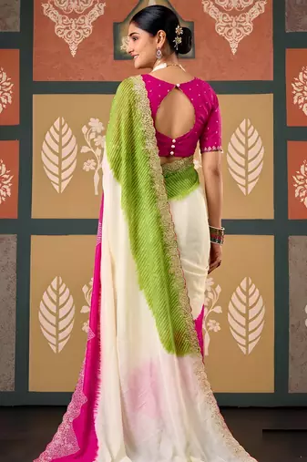 Green floral print chiffon ethnic saree