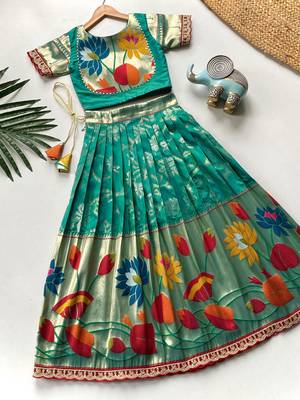 Festive ready skirt and top set for girls featuring elegant weaving panel detailing embroidered lace highlights 3