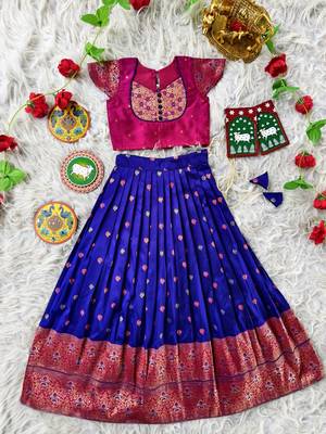 Blue  ethnic skirt and top set featuring an elegant border design with intricate woven motifs 1