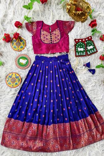Blue  ethnic skirt and top set featuring an elegant border design with intricate woven motifs