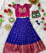 Blue  ethnic skirt and top set featuring an elegant border design with intricate woven motifs