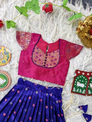 Blue  ethnic skirt and top set featuring an elegant border design with intricate woven motifs 2