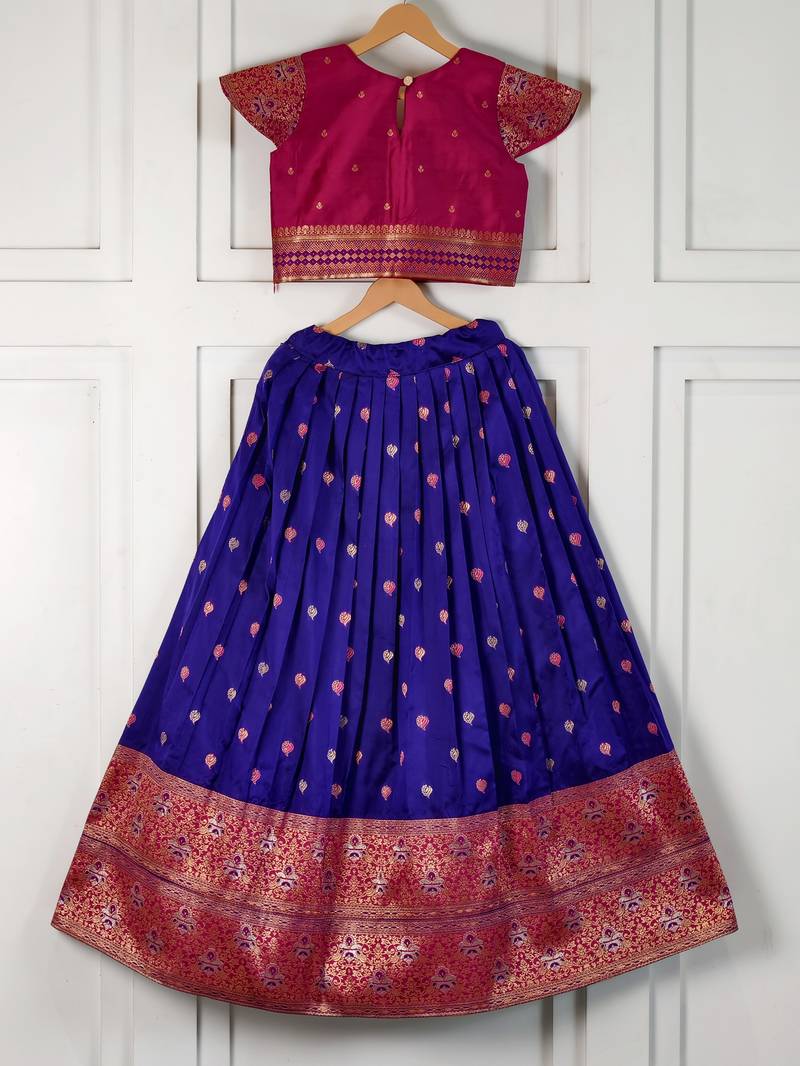 Blue  ethnic skirt and top set featuring an elegant border design with intricate woven motifs