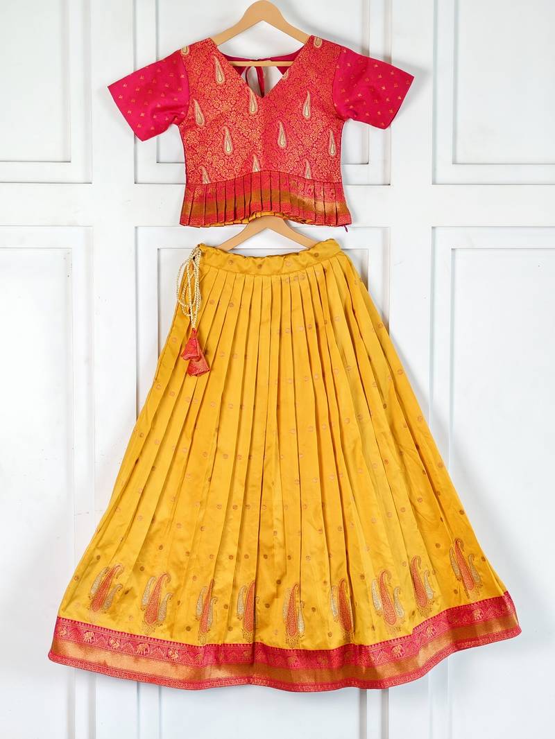 Beautiful ethnic skirt and top set featuring an elegant daaman design with intricate woven motifs