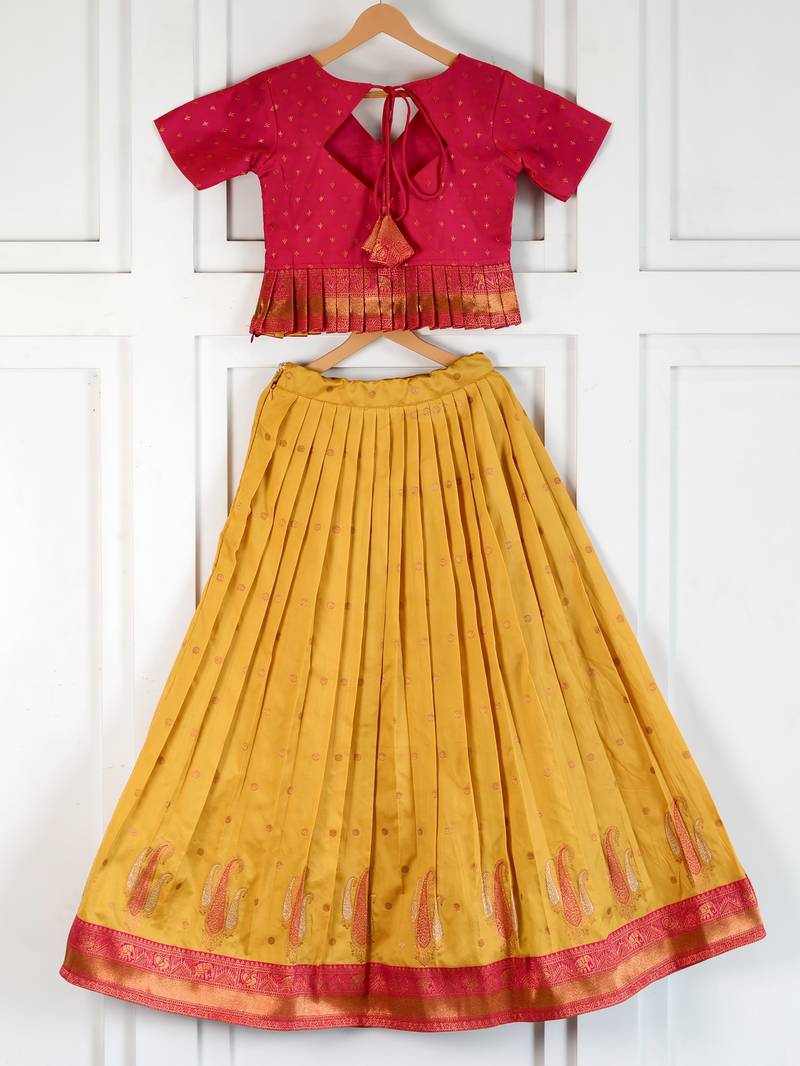 Beautiful ethnic skirt and top set featuring an elegant daaman design with intricate woven motifs