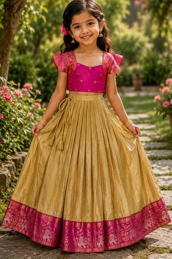 Gold silk tissue skirt paired with a soft silk top, adorned with a contrast pink border