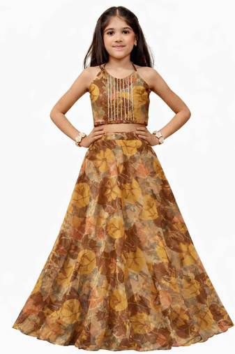 girls traditional yellow soft chanderi skirt and top set